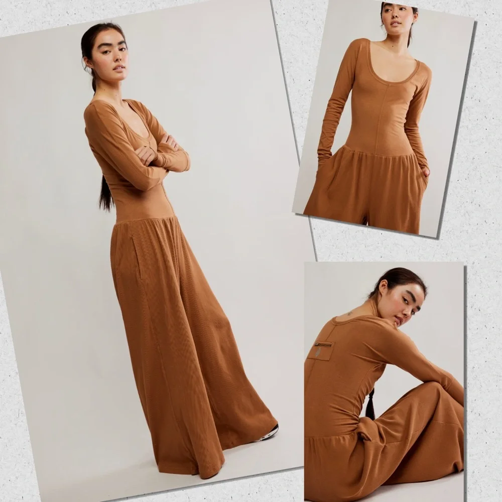 Free People Hot Shot Wide Leg Onesie Camel XL - Picture 4 of 5